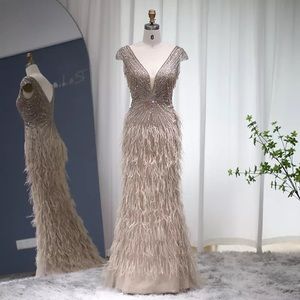 Luxury Dubai Feathers Brown Mermaid Evening Dress